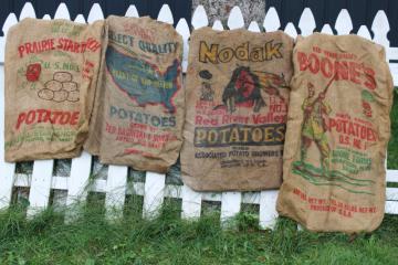 catalog photo of vintage burlap bags, mixed lot old potato sacks w/ farm labels, print graphics