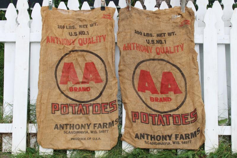 photo of vintage burlap bags, old potato sacks w/ print graphics AA Scandinavia Wisconsin #1