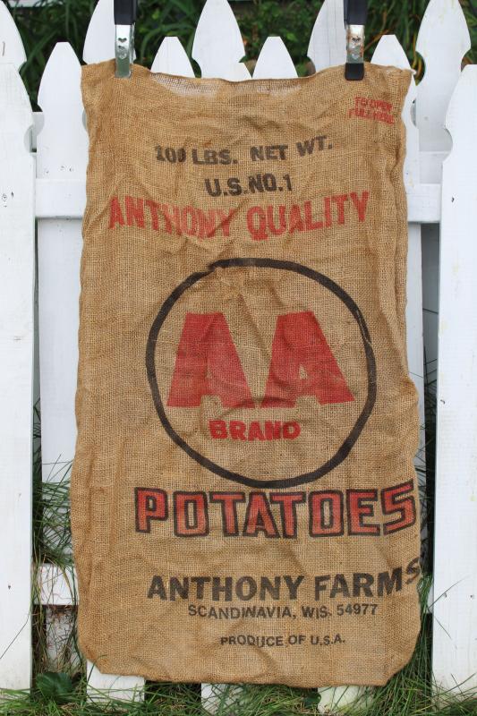 photo of vintage burlap bags, old potato sacks w/ print graphics AA Scandinavia Wisconsin #2