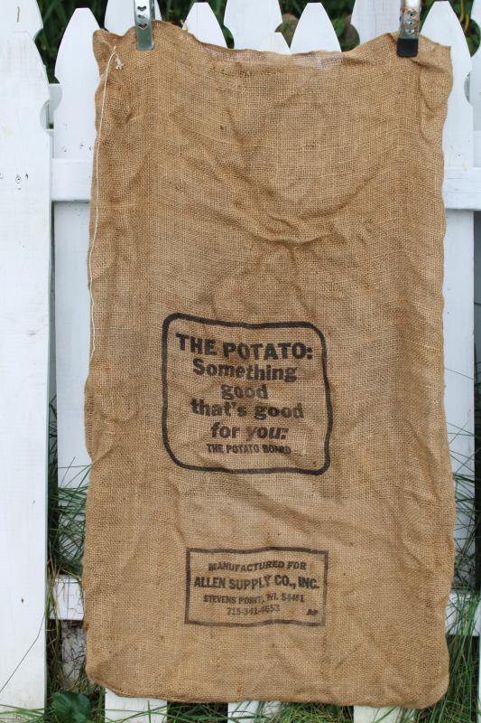 photo of vintage burlap bags, old potato sacks w/ print graphics AA Scandinavia Wisconsin #3