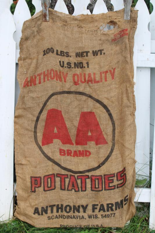 photo of vintage burlap bags, old potato sacks w/ print graphics AA Scandinavia Wisconsin #4