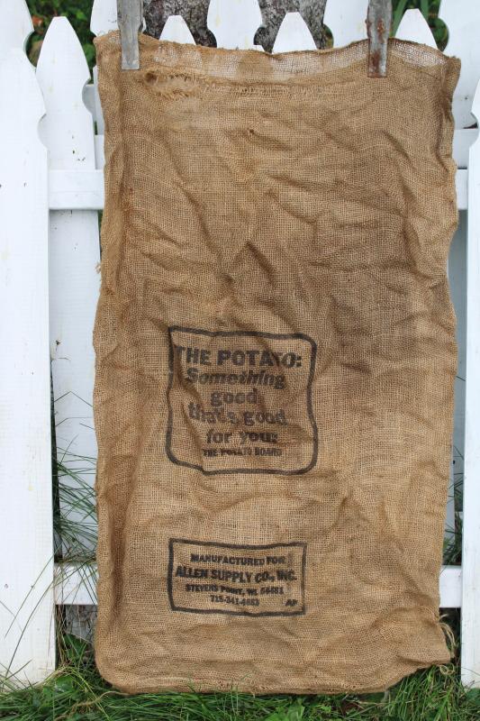 photo of vintage burlap bags, old potato sacks w/ print graphics AA Scandinavia Wisconsin #5