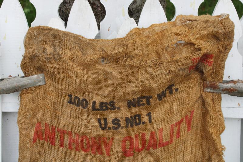 photo of vintage burlap bags, old potato sacks w/ print graphics AA Scandinavia Wisconsin #6