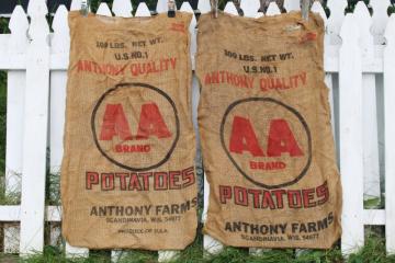 catalog photo of vintage burlap bags, old potato sacks w/ print graphics AA Scandinavia Wisconsin