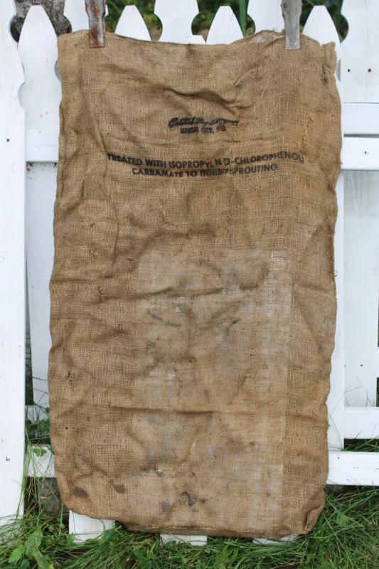 photo of vintage burlap bags, old potato sacks w/ print graphics Big L buck deer silhouette #6