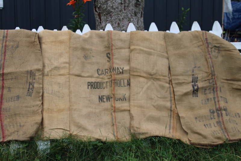 photo of vintage burlap grain bags from Dutch caraway seed, European crown mark striped sacks #1