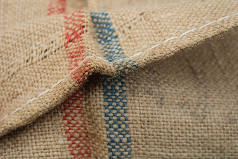 photo of vintage burlap grain bags from Dutch caraway seed, European crown mark striped sacks #2