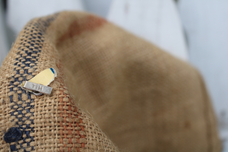 photo of vintage burlap grain bags from Dutch caraway seed, European crown mark striped sacks #3