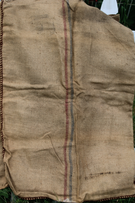 photo of vintage burlap grain bags from Dutch caraway seed, European crown mark striped sacks #4