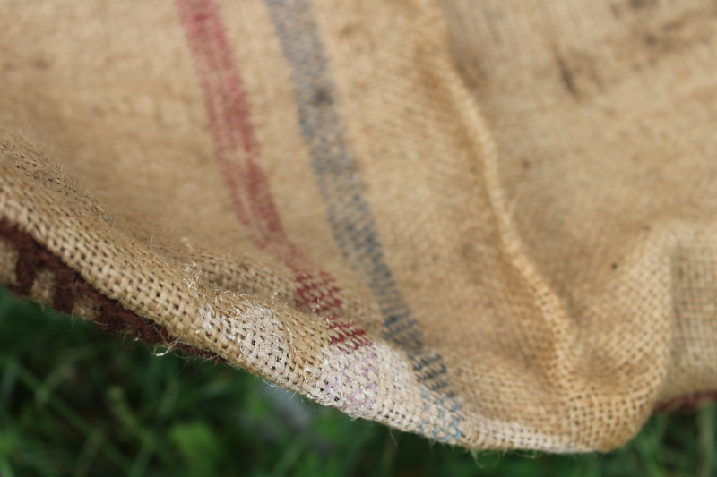 photo of vintage burlap grain bags from Dutch caraway seed, European crown mark striped sacks #5