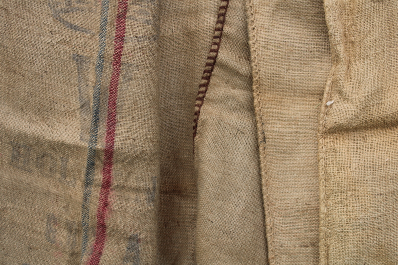 photo of vintage burlap grain bags from Dutch caraway seed, European crown mark striped sacks #7