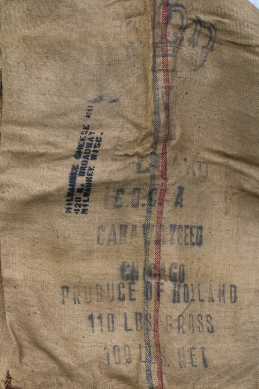 photo of vintage burlap grain bags from Dutch caraway seed, European crown mark striped sacks #8