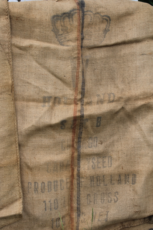 photo of vintage burlap grain bags from Dutch caraway seed, European crown mark striped sacks #11