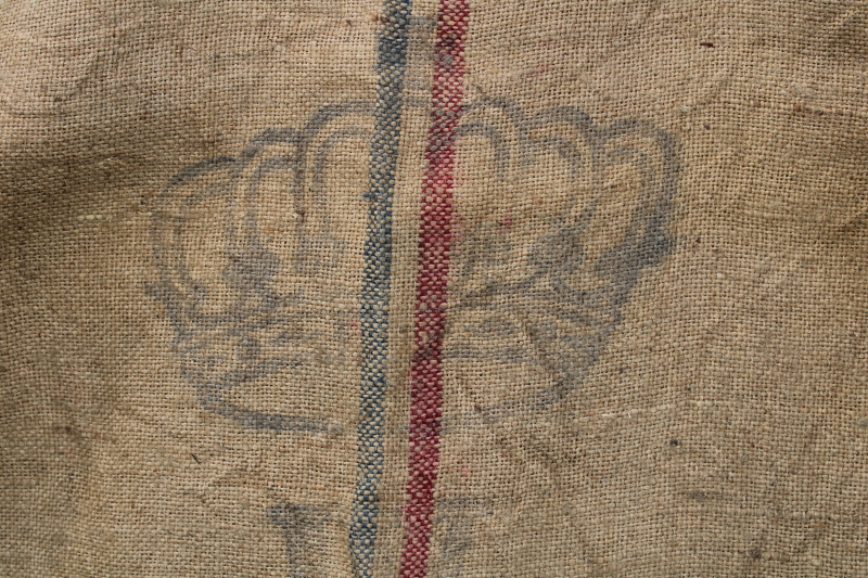 photo of vintage burlap grain bags from Dutch caraway seed, European crown mark striped sacks #12