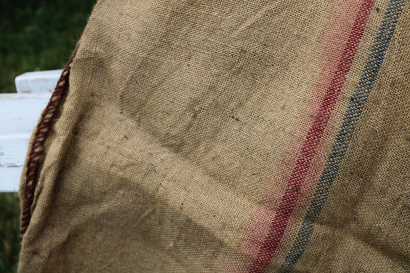 photo of vintage burlap grain bags from Dutch caraway seed, European crown mark striped sacks #13