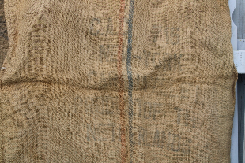 photo of vintage burlap grain bags from Dutch caraway seed, European crown mark striped sacks #14