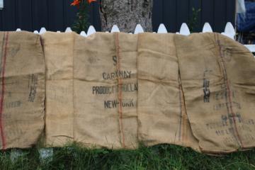 catalog photo of vintage burlap grain bags from Dutch caraway seed, European crown mark striped sacks