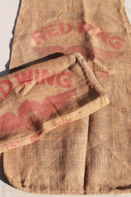 photo of vintage burlap grain sacks, livestock farm feed bags w/ old Red Wing advertising graphics #1