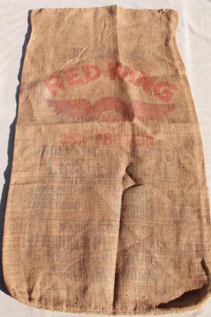 photo of vintage burlap grain sacks, livestock farm feed bags w/ old Red Wing advertising graphics #3