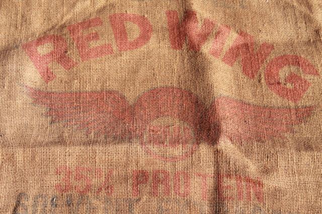 photo of vintage burlap grain sacks, livestock farm feed bags w/ old Red Wing advertising graphics #4