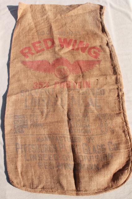 photo of vintage burlap grain sacks, livestock farm feed bags w/ old Red Wing advertising graphics #7