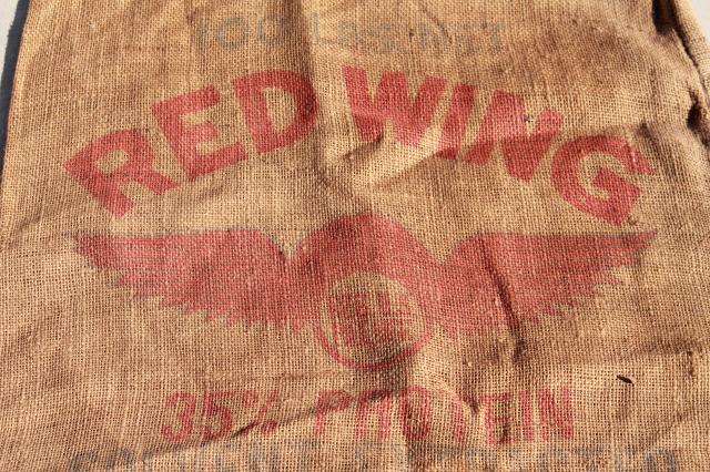 photo of vintage burlap grain sacks, livestock farm feed bags w/ old Red Wing advertising graphics #8