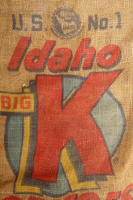 photo of vintage burlap gunny sack, Big K potatoes bright colorful print graphics #2