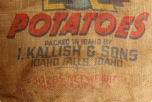 photo of vintage burlap gunny sack, Big K potatoes bright colorful print graphics #3