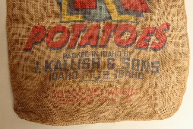 photo of vintage burlap gunny sack, Big K potatoes bright colorful print graphics #4