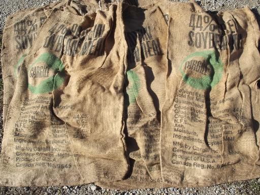 photo of vintage burlap sacks, farm feed bags for primitive old print fabric #2