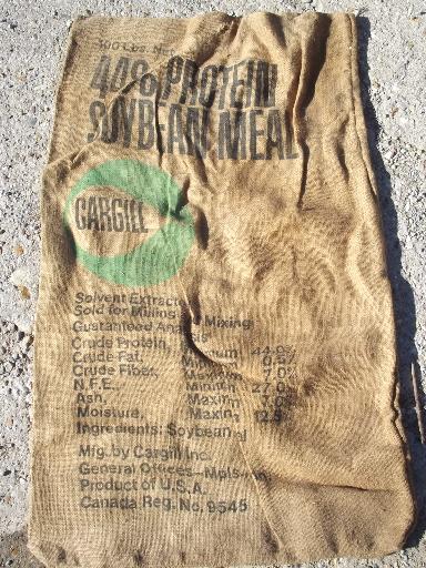 photo of vintage burlap sacks, farm feed bags for primitive old print fabric #3