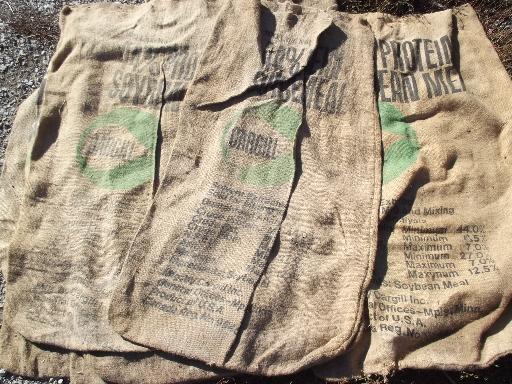 photo of vintage burlap sacks, farm feed bags for primitive old print fabric #1