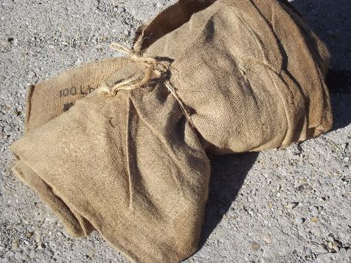 photo of vintage burlap sacks, farm feed bags for primitive old print fabric #4