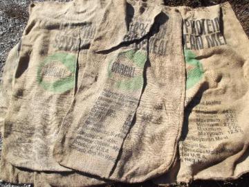 catalog photo of vintage burlap sacks, farm feed bags for primitive old print fabric