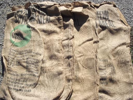 photo of vintage burlap sacks, farm feed bags for primitive old print fabric #2