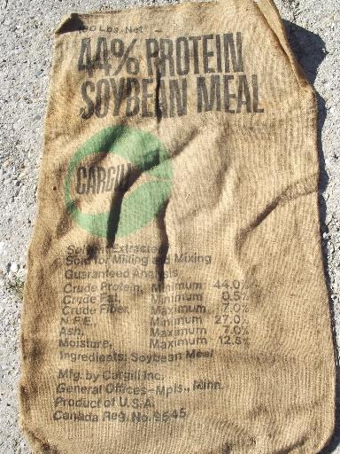 photo of vintage burlap sacks, farm feed bags for primitive old print fabric #3