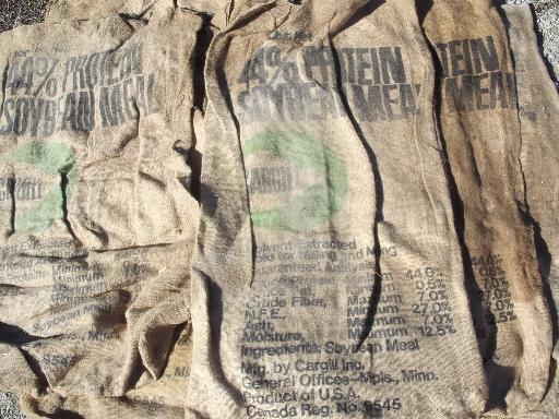 photo of vintage burlap sacks, farm feed bags for primitive old print fabric #2