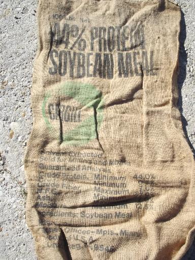 photo of vintage burlap sacks, farm feed bags for primitive old print fabric #3