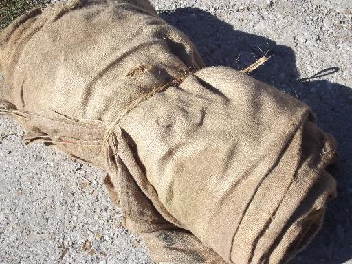 photo of vintage burlap sacks, farm feed bags for primitive old print fabric #1