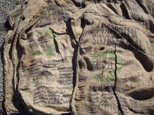 photo of vintage burlap sacks, farm feed bags for primitive old print fabric #2