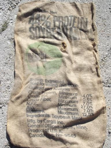 photo of vintage burlap sacks, farm feed bags for primitive old print fabric #3