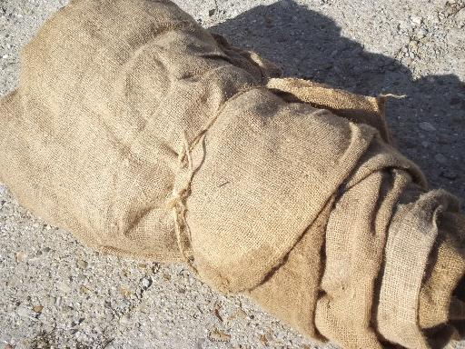 photo of vintage burlap sacks, farm feed bags for primitive old print fabric #1