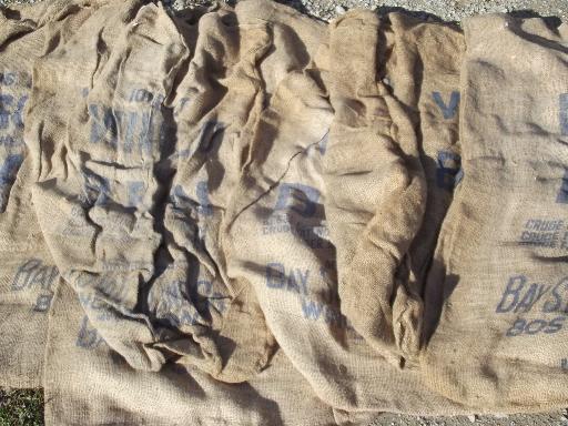 photo of vintage burlap sacks, farm feed bags for primitive old print fabric #2