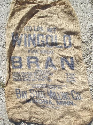 photo of vintage burlap sacks, farm feed bags for primitive old print fabric #3