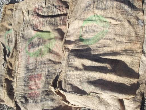 photo of vintage burlap sacks, farm feed bags for primitive old print fabric #2