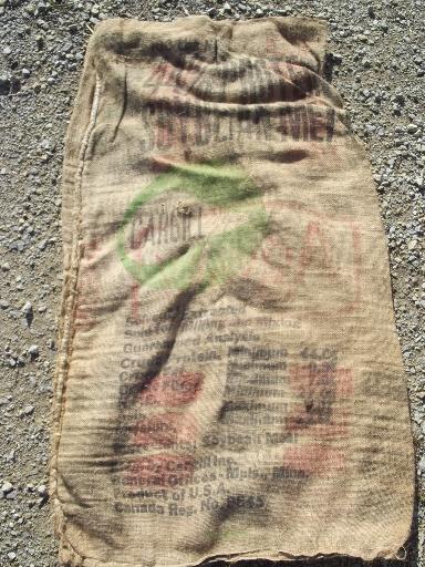 photo of vintage burlap sacks, farm feed bags for primitive old print fabric #3