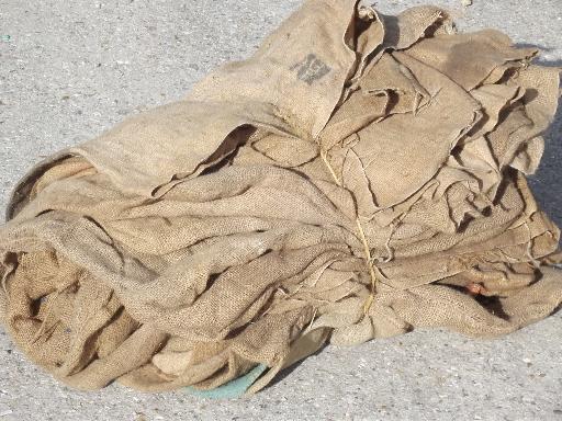 photo of vintage burlap sacks, farm feed bags for primitive old print fabric #1