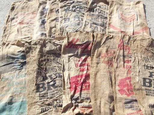 photo of vintage burlap sacks, farm feed bags for primitive old print fabric #2