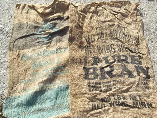 photo of vintage burlap sacks, farm feed bags for primitive old print fabric #3