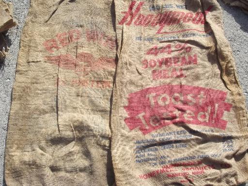 photo of vintage burlap sacks, farm feed bags for primitive old print fabric #4